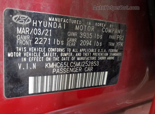 KMHC65LC5MU252853 2021 HYUNDAI IONIQ Red VIN sticker view
