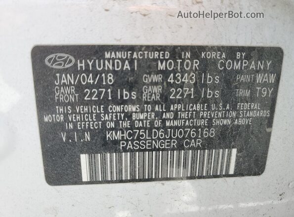 KMHC75LD6JU076168 2018 HYUNDAI IONIQ White Widok naklejki z numerem VIN