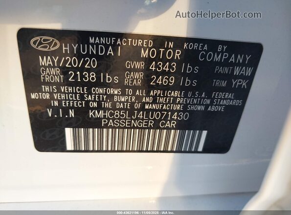 KMHC85LJ4LU071430 2020 HYUNDAI IONIQ ELECTRIC White Widok komory silnika