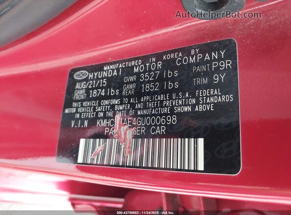 KMHCT4AE4GU000698 2016 HYUNDAI ACCENT Red ძრავის განყოფილების ხედი