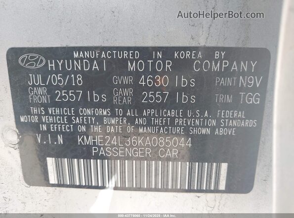 KMHE24L36KA085044 2019 HYUNDAI SONATA HYBRID Серебряный Вид подкапотного пространства