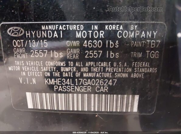 KMHE34L17GA026247 2016 HYUNDAI SONATA HYBRID Черный Вид подкапотного пространства