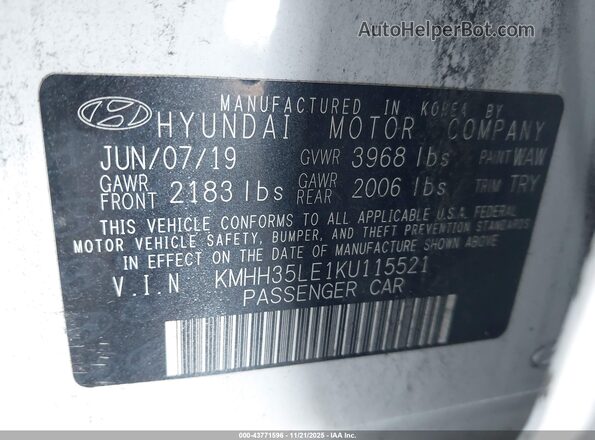 KMHH35LE1KU115521 2019 HYUNDAI ELANTRA GT Белый Вид подкапотного пространства