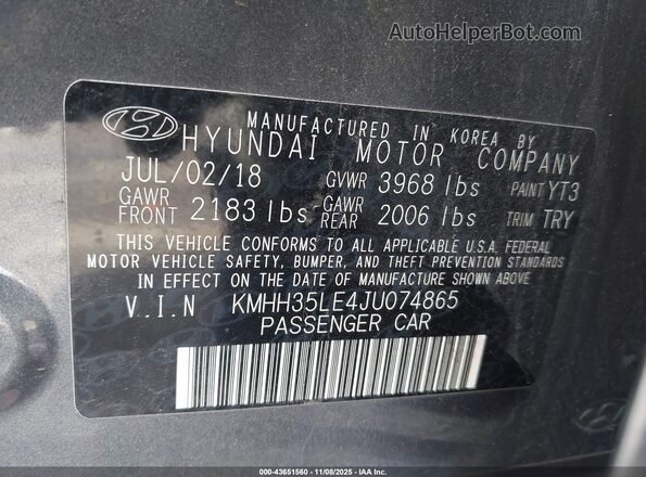 KMHH35LE4JU074865 2018 HYUNDAI ELANTRA GT Gray Widok komory silnika