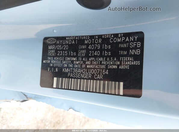 KMHT36AH2LU007164 2020 HYUNDAI VELOSTER N Light Blue ძრავის განყოფილების ხედი