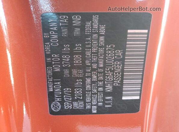 KMHTG6AF5LU026875 2020 HYUNDAI VELOSTER Orange VIN კოდის სტიკერის ხედი