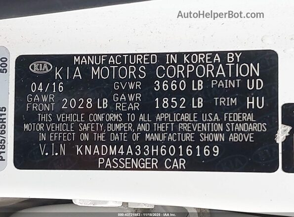 KNADM4A33H6016169 2017 KIA RIO Белый Вид подкапотного пространства