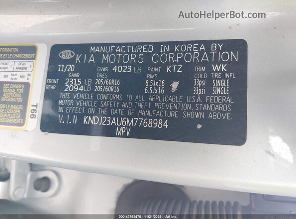KNDJ23AU6M7768984 2021 KIA SOUL Серебряный Вид подкапотного пространства