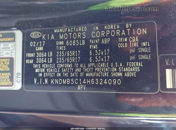 KNDMB5C14H6324090 2017 KIA SEDONA Black Widok komory silnika