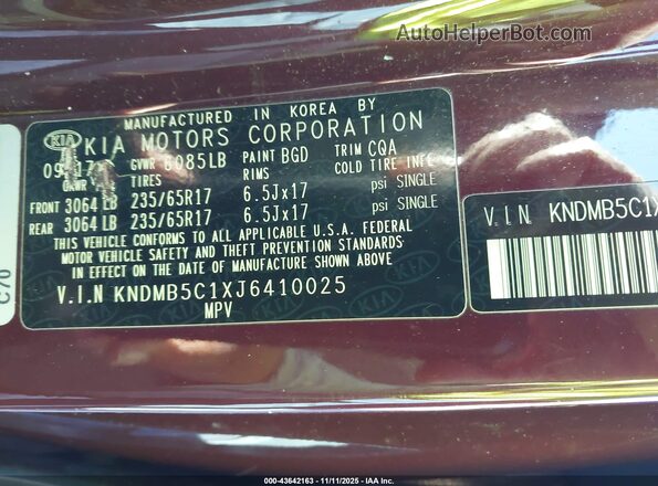KNDMB5C1XJ6410025 2018 KIA SEDONA Бордовый Вид подкапотного пространства