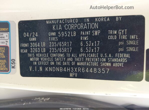KNDNB4H3XR6448357 2024 KIA CARNIVAL MPV Белый Вид подкапотного пространства