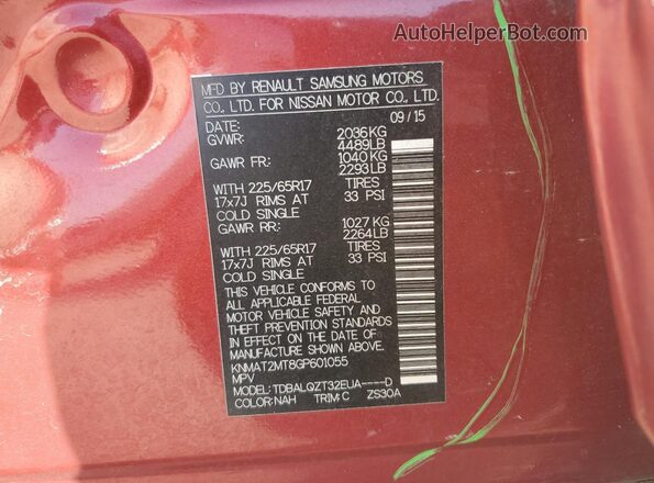 KNMAT2MT8GP601055 2016 NISSAN ROGUE Red Vista de la etiqueta del VIN