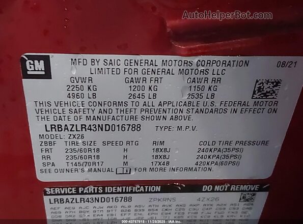 LRBAZLR43ND016788 2022 BUICK ENVISION Red Вид підкапотного простору