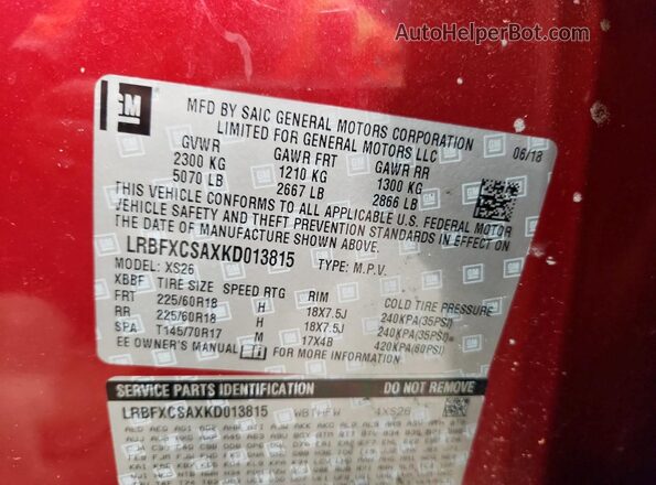 LRBFXCSAXKD013815 2019 BUICK ENVISION Красный Вид наклейки с VIN-кодом
