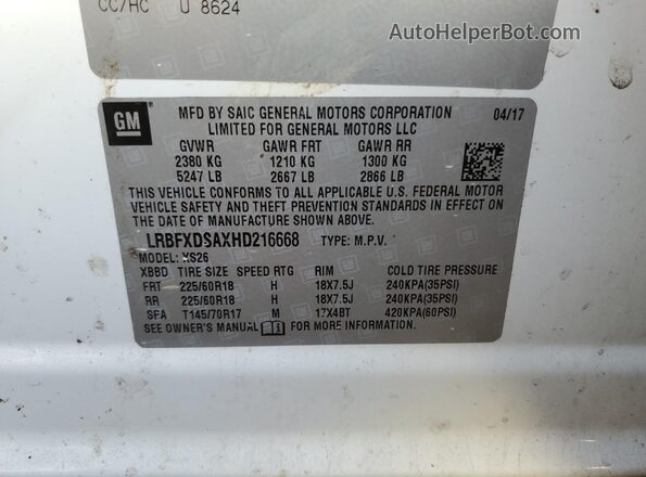 LRBFXDSAXHD216668 2017 BUICK ENVISION White Vista de la etiqueta del VIN