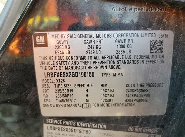 LRBFXESX3GD190150 2016 BUICK ENVISION Black Вид наклейки з VIN-кодом