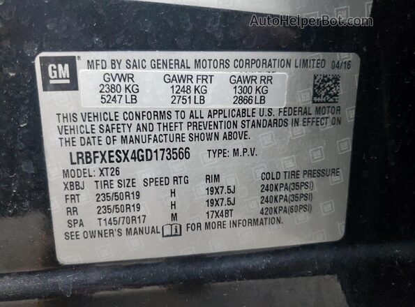 LRBFXESX4GD173566 2016 BUICK ENVISION Black Vista de la etiqueta del VIN