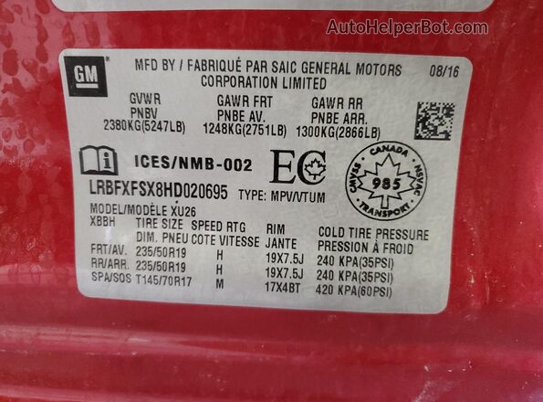 LRBFXFSX8HD020695 2017 BUICK ENVISION Maroon Widok naklejki z numerem VIN