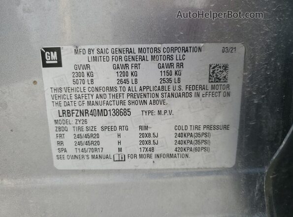 LRBFZNR40MD138685 2021 BUICK ENVISION Gray VIN կոդի պիտակի տեսք