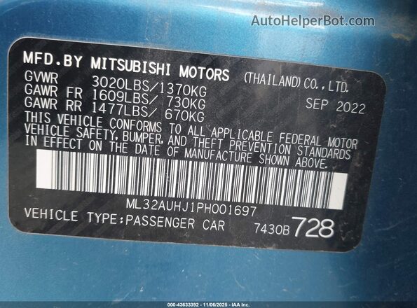 ML32AUHJ1PH001697 2023 MITSUBISHI MIRAGE Синий Вид подкапотного пространства