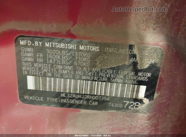 ML32AUHJ2RH007754 2024 MITSUBISHI MIRAGE Красный Вид подкапотного пространства
