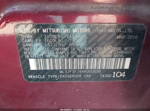 ML32F3FJ4HH000608 2017 MITSUBISHI MIRAGE G4 Burgundy Widok komory silnika