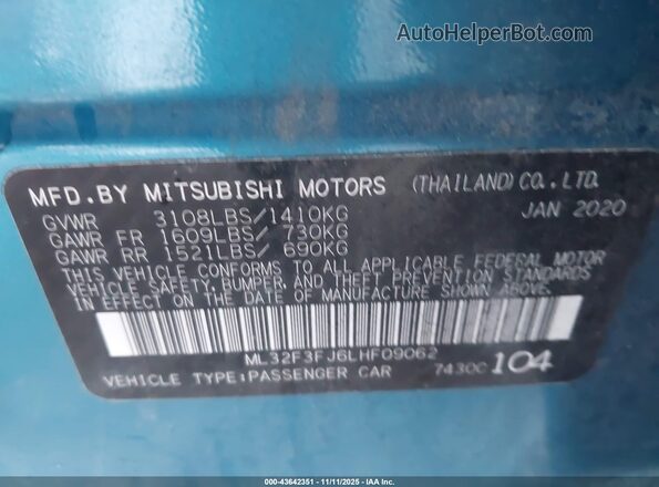 ML32F3FJ6LHF09062 2020 MITSUBISHI MIRAGE G4 Blue ძრავის განყოფილების ხედი