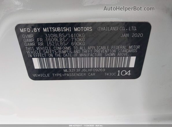 ML32F3FJ6LHF09269 2020 MITSUBISHI MIRAGE G4 White Вид підкапотного простору