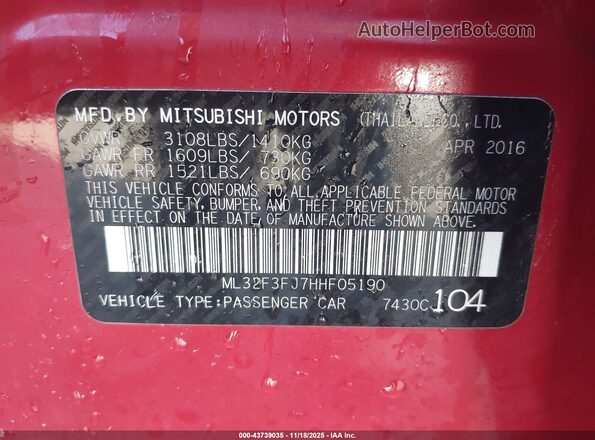 ML32F3FJ7HHF05190 2017 MITSUBISHI MIRAGE G4 Красный Вид подкапотного пространства