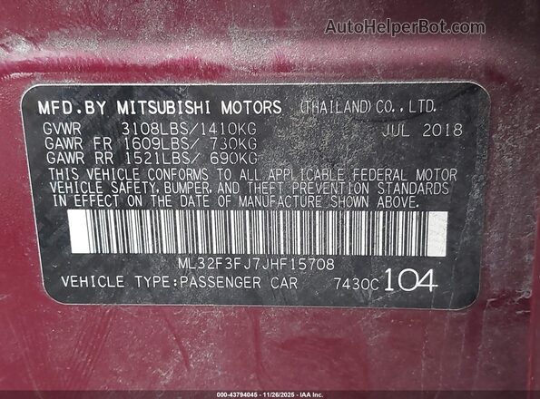ML32F3FJ7JHF15708 2018 MITSUBISHI MIRAGE G4 Красный Вид подкапотного пространства