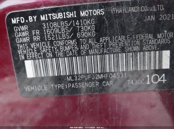 ML32FUFJ2MHF04531 2021 MITSUBISHI MIRAGE G4 Maroon Vista del compartimento del motor