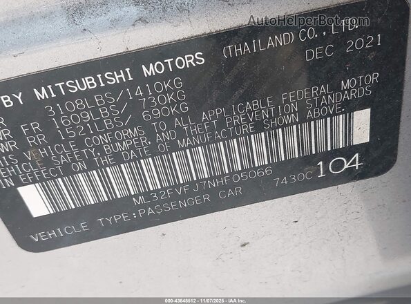 ML32FVFJ7NHF05066 2022 MITSUBISHI MIRAGE G4 Серебряный Вид подкапотного пространства