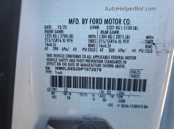 NM0LS6S20P1572079 2023 FORD TRANSIT Белый Панорамный вид салона 360°