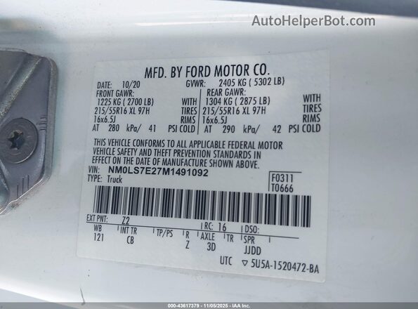 NM0LS7E27M1491092 2021 FORD TRANSIT CONNECT Белый Вид подкапотного пространства