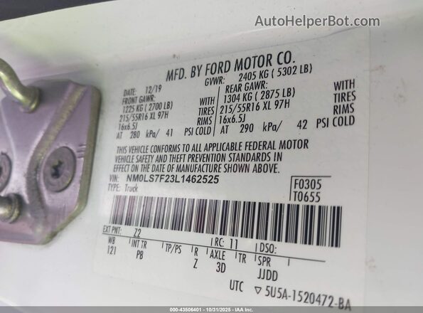 NM0LS7F23L1462525 2020 FORD TRANSIT CONNECT Белый Вид подкапотного пространства