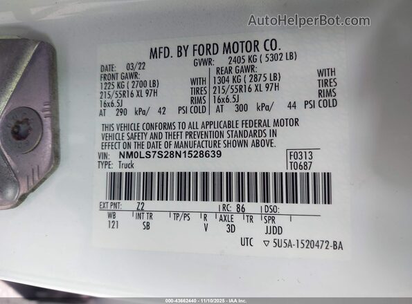 NM0LS7S28N1528639 2022 FORD TRANSIT CONNECT White Widok komory silnika