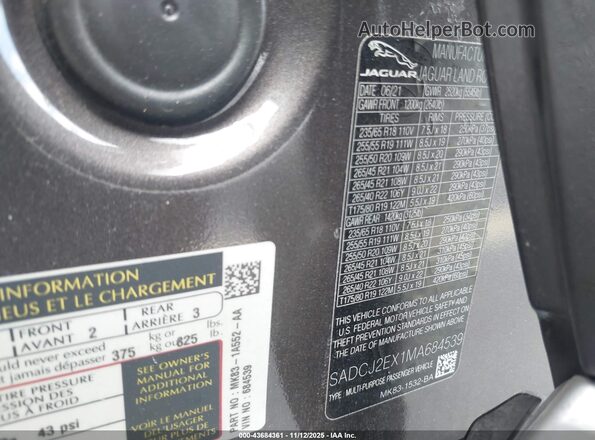 SADCJ2EX1MA684539 2021 JAGUAR F-PACE Серый Вид подкапотного пространства