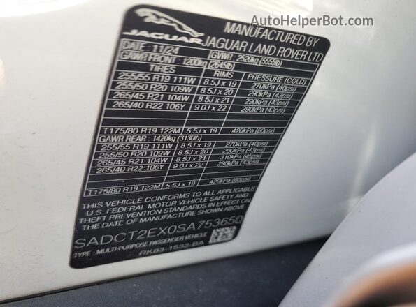 SADCT2EX0SA753650 2025 JAGUAR F-PACE White Vista de la etiqueta del VIN