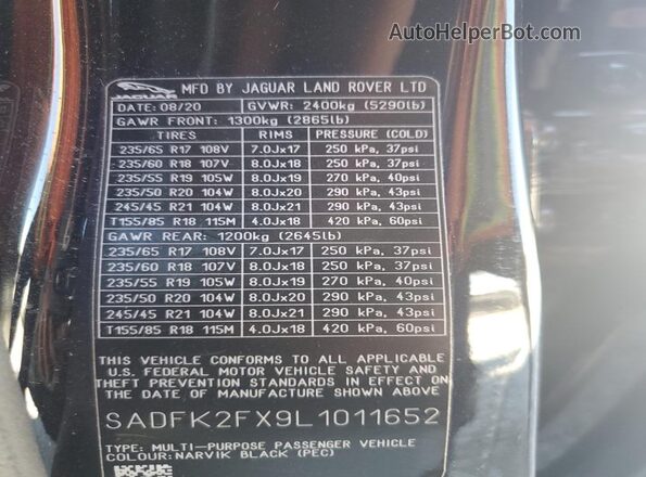 SADFK2FX9L1011652 2020 JAGUAR E-PACE Black Widok naklejki z numerem VIN