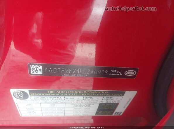 SADFP2FX1K1Z40928 2019 JAGUAR E-PACE Red Вид підкапотного простору