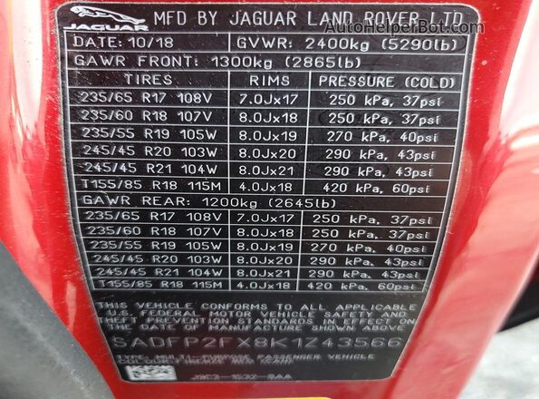 SADFP2FX8K1Z43566 2019 JAGUAR E-PACE Red Widok naklejki z numerem VIN