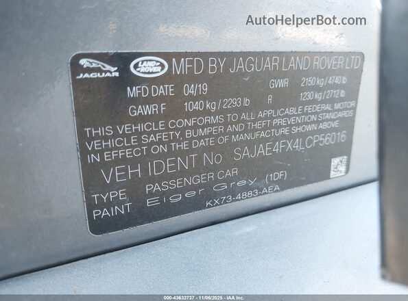 SAJAE4FX4LCP56016 2020 JAGUAR XF Gray Widok komory silnika