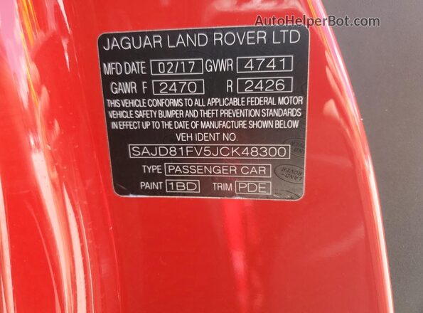 SAJD81FV5JCK48300 2018 JAGUAR F-TYPE Красный Вид наклейки с VIN-кодом