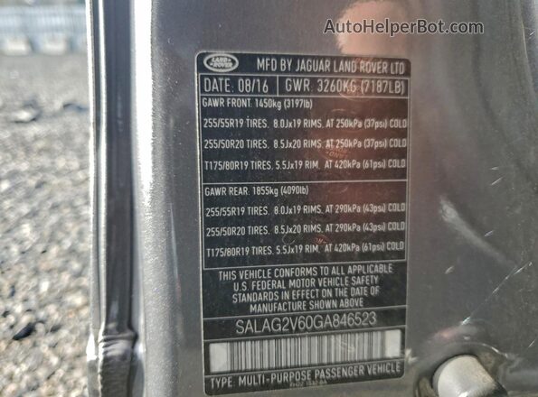 SALAG2V60GA846523 2016 LAND ROVER LR4 Серый Вид наклейки с VIN-кодом