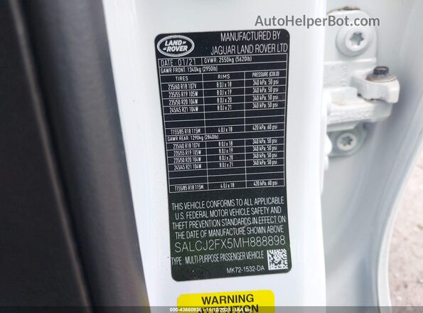 SALCJ2FX5MH888898 2021 LAND ROVER DISCOVERY SPORT Белый Вид подкапотного пространства
