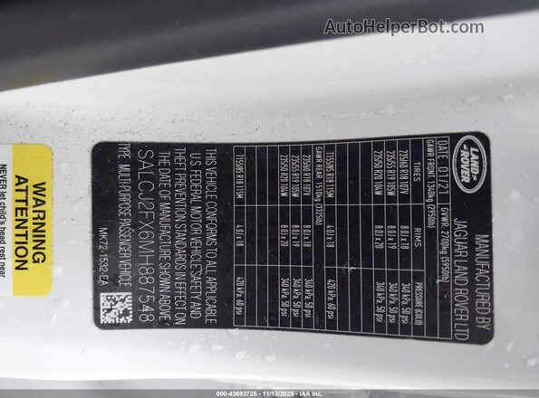 SALCJ2FX6MH887548 2021 LAND ROVER DISCOVERY SPORT Белый Вид подкапотного пространства