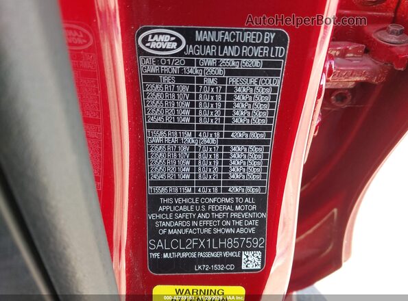 SALCL2FX1LH857592 2020 LAND ROVER DISCOVERY SPORT Red Widok komory silnika