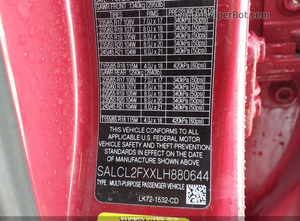 SALCL2FXXLH880644 2020 LAND ROVER DISCOVERY SPORT Красный Вид подкапотного пространства