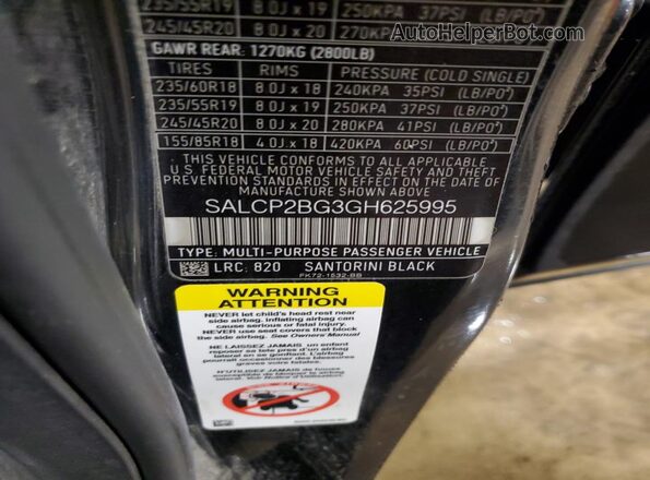 SALCP2BG3GH625995 2016 LAND ROVER DISCOVERY Черный Вид наклейки с VIN-кодом