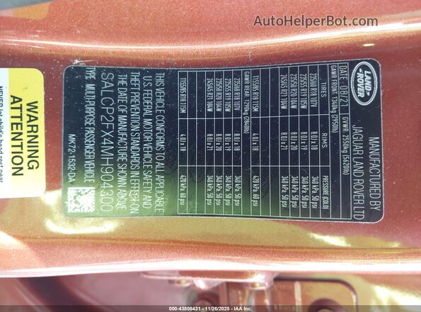 SALCP2FX4MH904300 2021 LAND ROVER DISCOVERY SPORT Orange Widok komory silnika